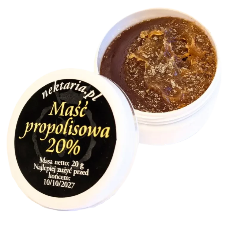 Naturalna Maść Propolisowa 20% Pasieka Nektaria 20g otwarty słoiczek ze świeżym propolisem z Roztocza