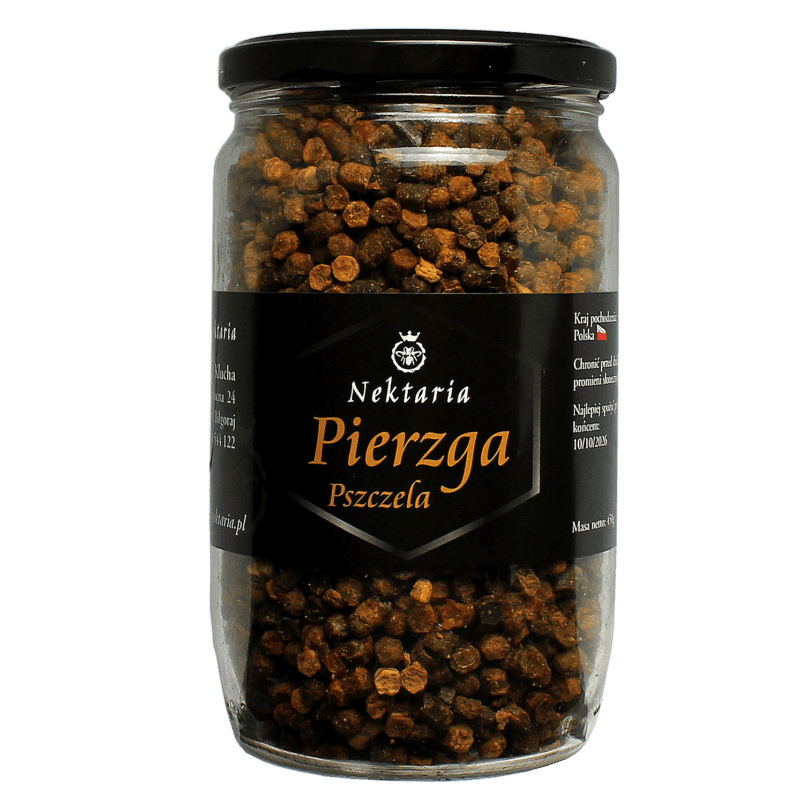 Pierzga pszczela w słoiku, naturalny produkt pszczelarski od Nektaria, bogaty w witaminy i enzymy.