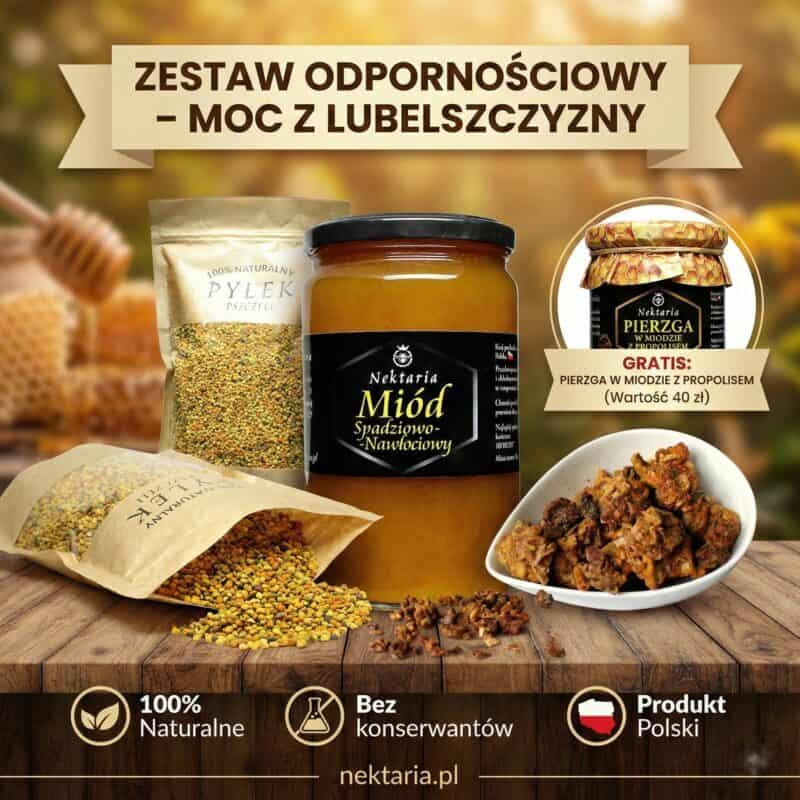Zestaw odporności Nektaria: pyłek pszczeli, miód spadziowo-nawłociowy i pierzga w miodzie z propolisem - produkty pszczele z Lubelszczyzny