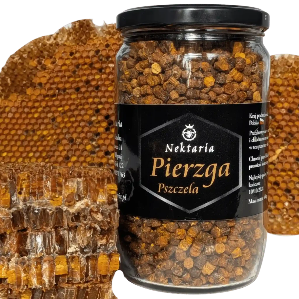 Pierzga pszczela 450g w słoiku na tle plastra pszczelego z pierzgą z pasieki nektaria